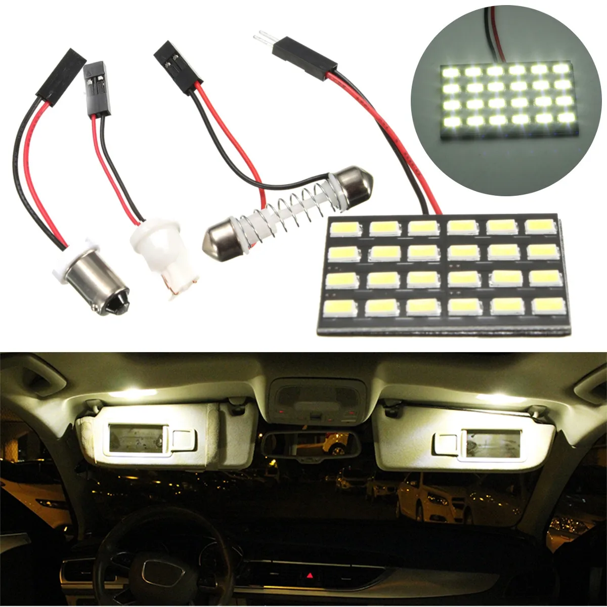 12V 5630 T10 BA9S 5630 SMD 24 LED White Car Interior Door Light Panel Bulb Dome Adapter 1.6W