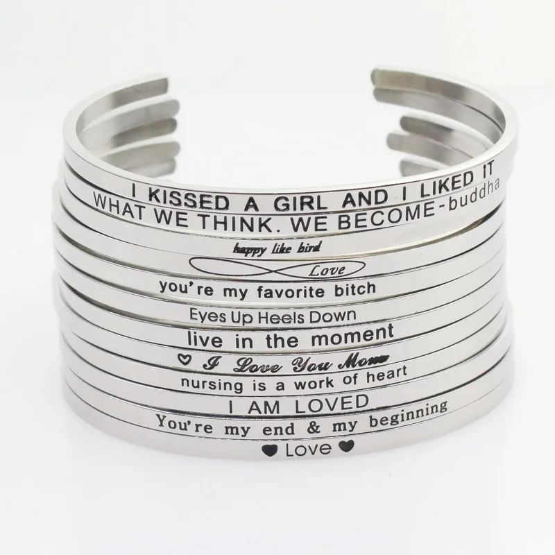 

Silver Stainless Steel 10pcs Random Bangle Engraved Positive Inspirational Quote Hand Stamped Cuff Mantra Bracelet For Men Women