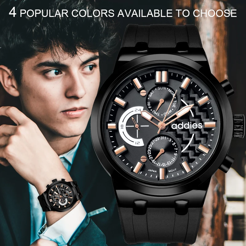 

Luxury Relogio masculino business men wristwatch mens quartz clock 50M waterproof military business wristwatches Addies watch