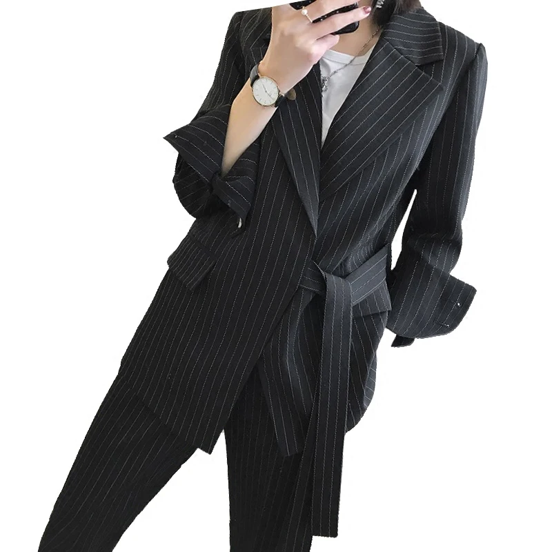

Runway Designer Striped Women Set 2 Piece Fashion Office Lady Business Work Wear Blazer + Pencil Pants Uniform Suits Plus Size