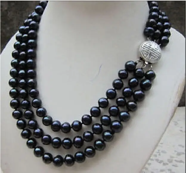 

HOT 3 ROW 9-10MM TAHITIAN GENUINE BLACK PEARL NECKLACE 17"18"19" r a(5.18)