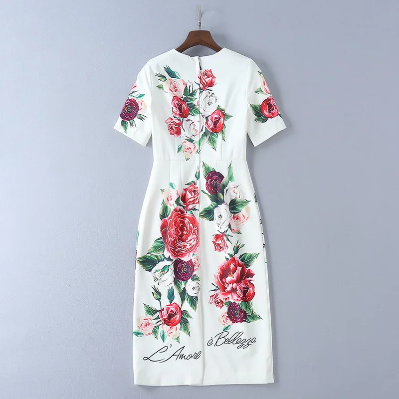Подиумная летняя новая мода Женская пуговица со стразами пион роза платье с коротким рукавом сумка бедра длинное платье высокого качества