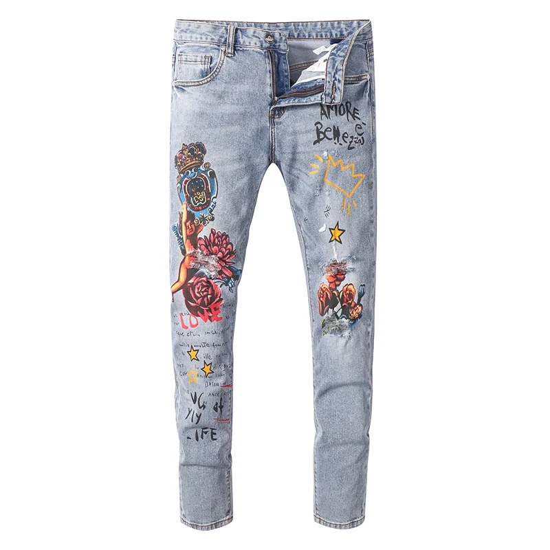 Sokotoo мужские джинсы с принтом ангела и цветов узкие Стрейчевые джинсовые брюки