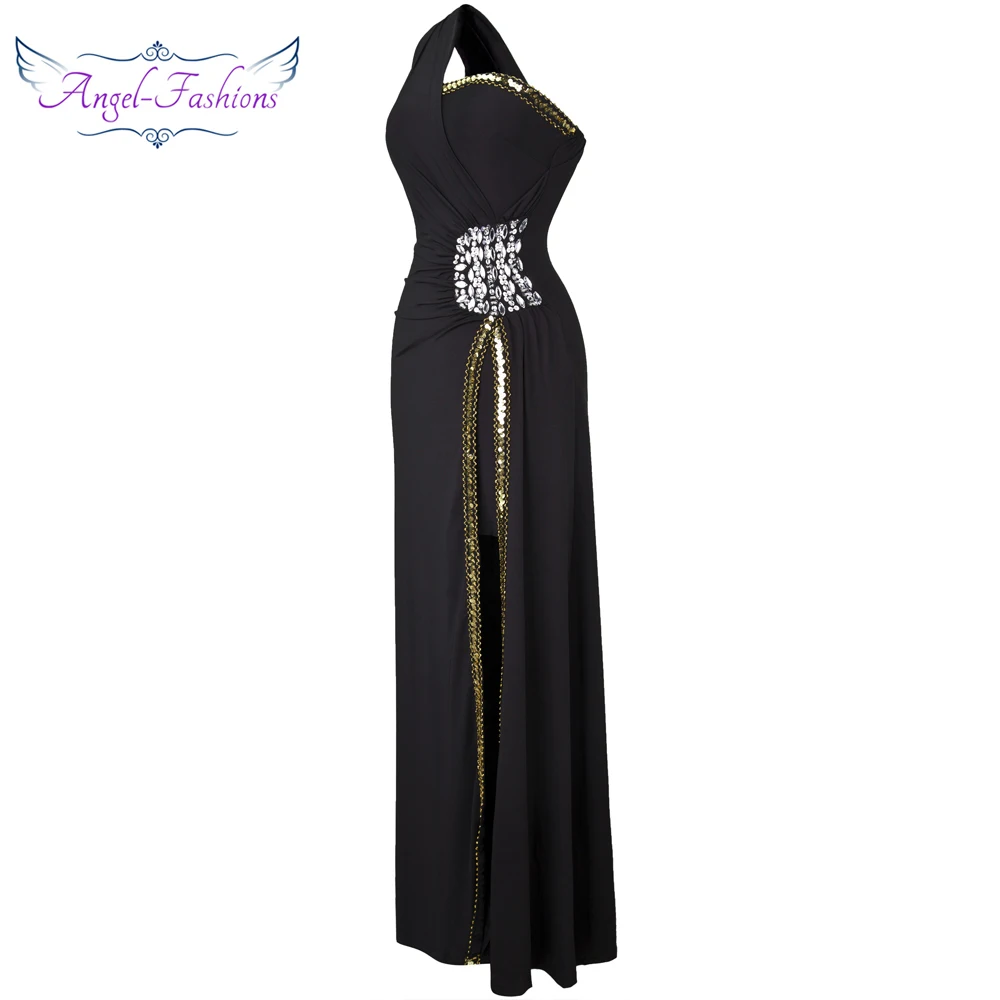 Angel-Fashion Бисероплетение выпускного вечера Формальное вечернее платье с разрезом Длинные вечерние платья черные 027