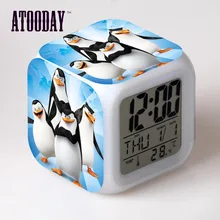 Pingüinos de Madagascar reloj despertador luz Led 7 colores cambio Lcd pantalla reloj mesa de escritorio cuadrado Digital Vintage