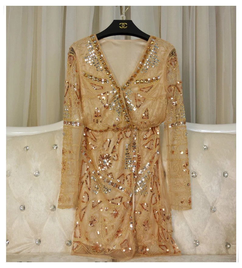 

2017 Autumn New Party Bling Bling Dress Women V-neck Sequined Beading Sexy Dress