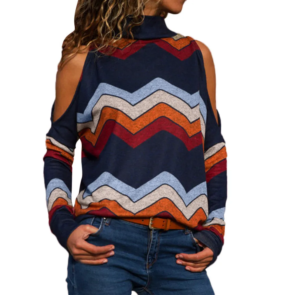 

Women Fashion Cold Shoulder T shirt Tops Vogue Geometric Floral Striped Print Jumper Ladies Autumn Long Sleeve Tshits SA60