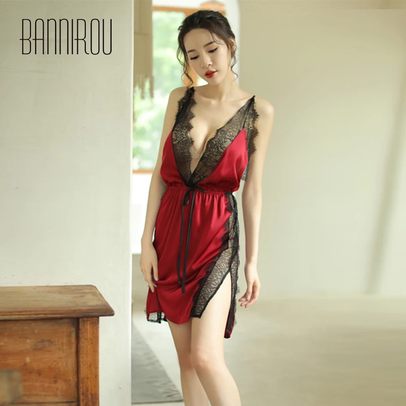 

Woman Lingerie Sleepshirts Sexy Silk Satin Lace Slip Backless Home Wear Sleep Wear Female Nightgowns For Woman Summer BANNIROU