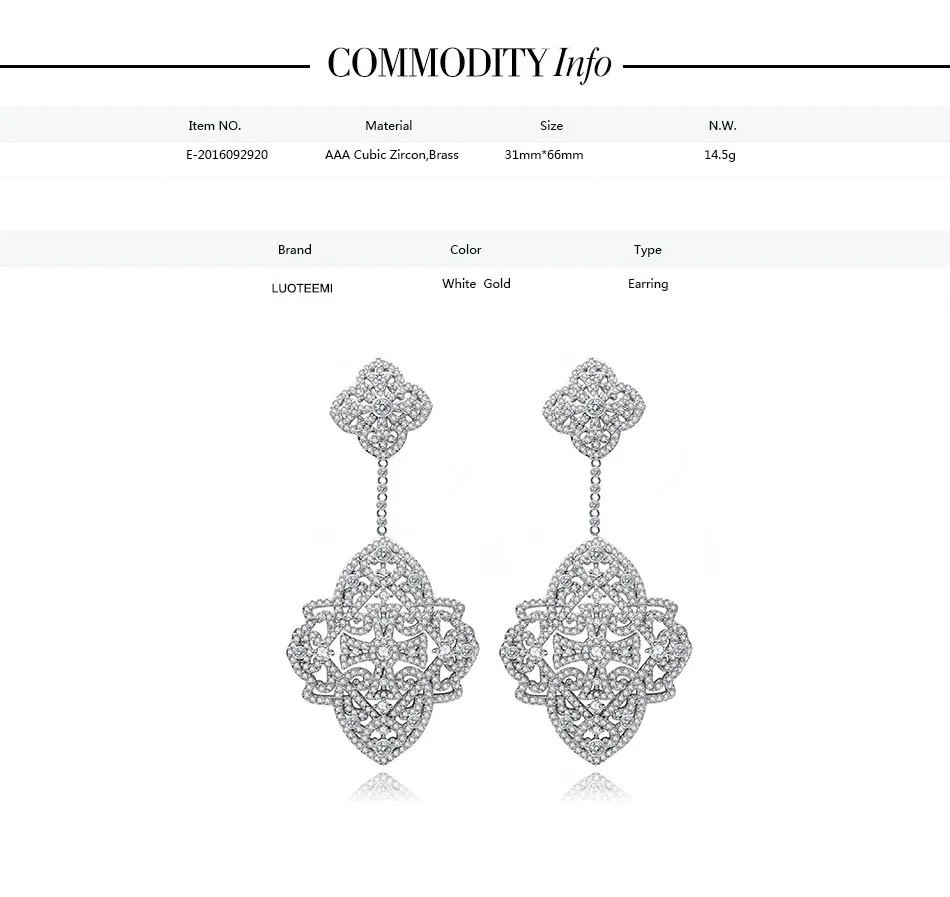 LUOTEEMI New Korea Style Big Brincos White Gold Color Elegant Jewelry Full Cubic Zircon Sparkling Drop Earring Double Flowers