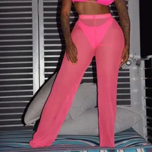 Сексуальные женские пляжные штаны, купальник, сетка, с оборками, прозрачные, широкие штаны, бикини, закрывающие штаны, одноцветные, размера плюс