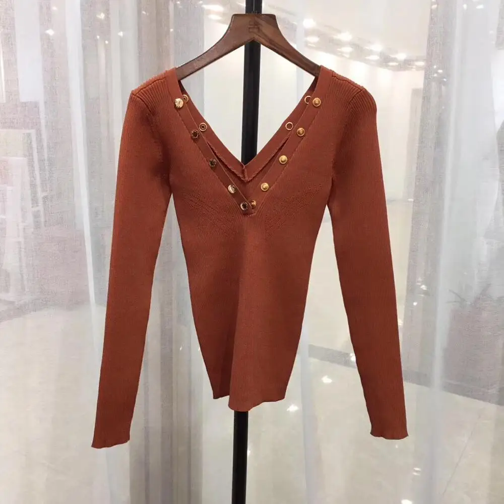 fall new deep V neck women elastic thin slim top sweater