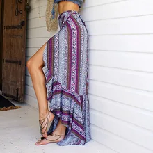 Асимметричная Сплит макси юбка летняя Женская длинная Faldas Saia Boho пляжные оборки юбки с принтом Высокая талия повседневные юбки длиной до пола