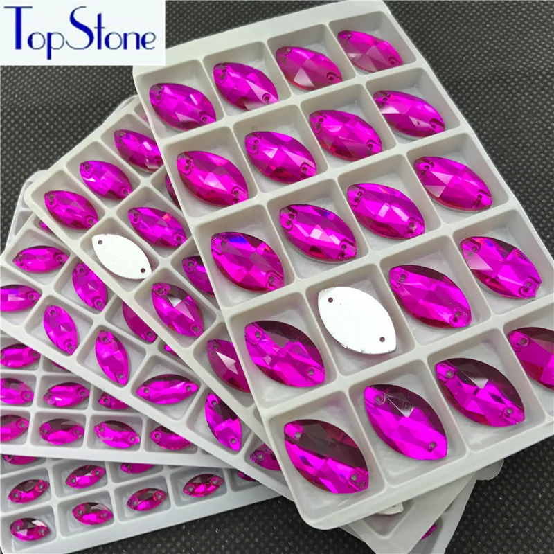 

TopStone Fuchsia Navette Sew On Glass Crystal Stone Flatback Marquise sew on Rhinestone For Dress clothing