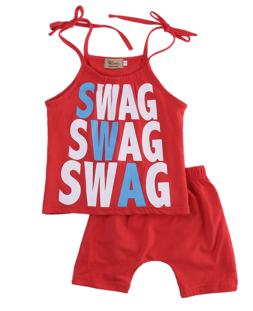 

2pcs set!!toddler kids baby girls summer cool letter printed outfits red sleeveless  tops + shorts clothes set
