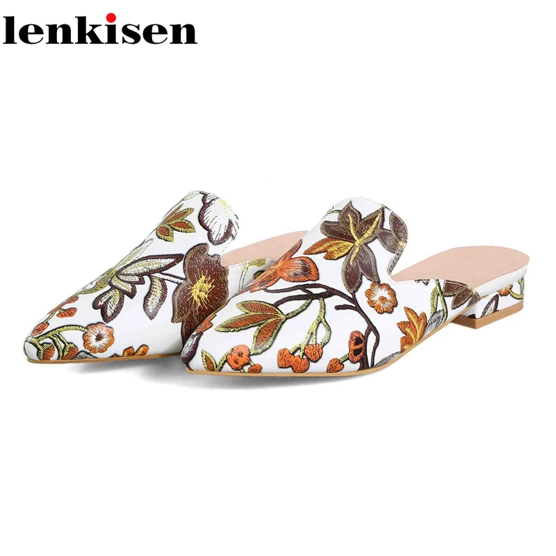 

Lenkisen mules new PU patterns leather pointed toe slip on Spring low heels shallow runway elegant party flowers women pumps L06