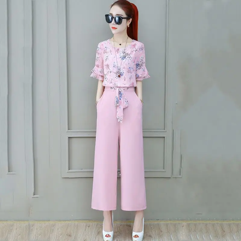 

Women Two Piece Set Ensemble Femme Flower Print Tops And Solid Wide Leg Long Pant Suits Ladies Plus Size 3XL Slim Tracksuit F109