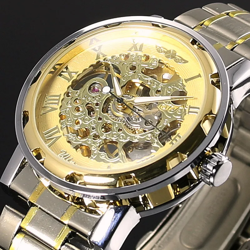 

WINNER Gold Men Skeleton Mechanical Watch Stainess Steel Steel Hand Wind Watches Transparent Steampunk Montre Homme Wristwatch