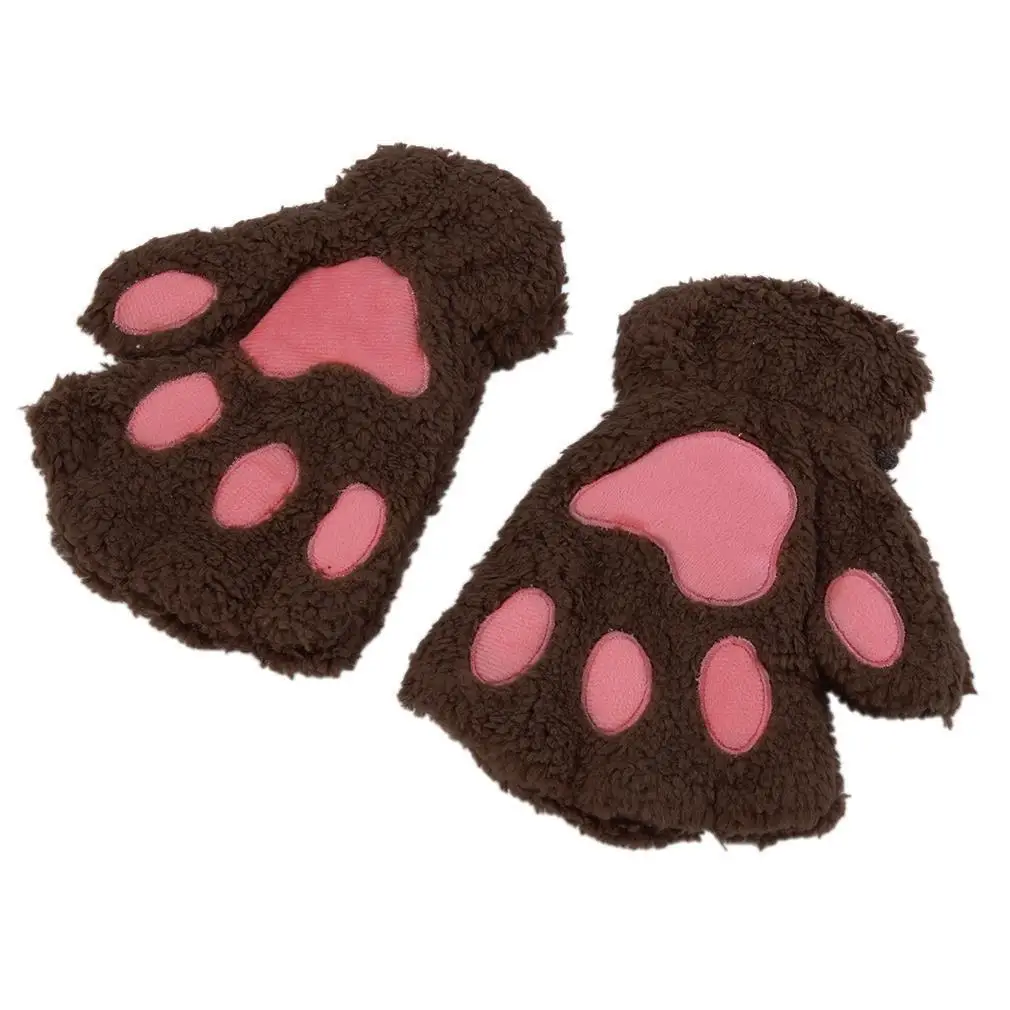 Теплые плюшевые перчатки без пальцев пушистые медвежьи когти/кошачьи лапы мягкие теплые милые женские перчатки на половину пальца - Цвет: Light Coffee