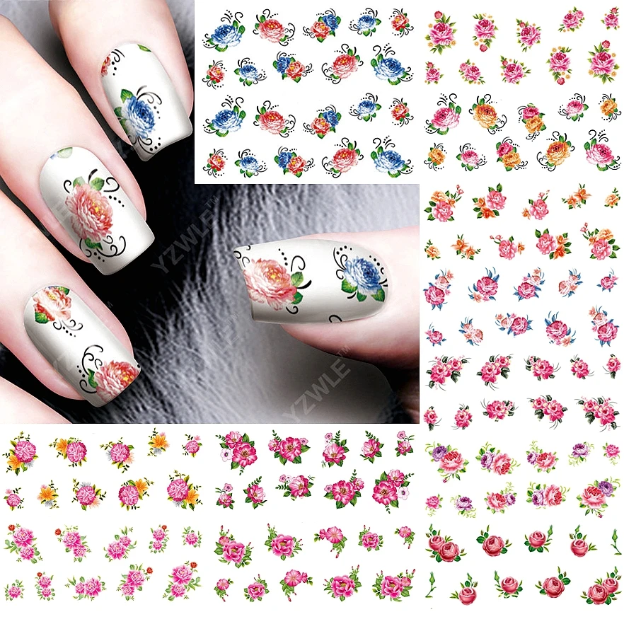 12 sheets water transfer nail stickers decals for nail art tips