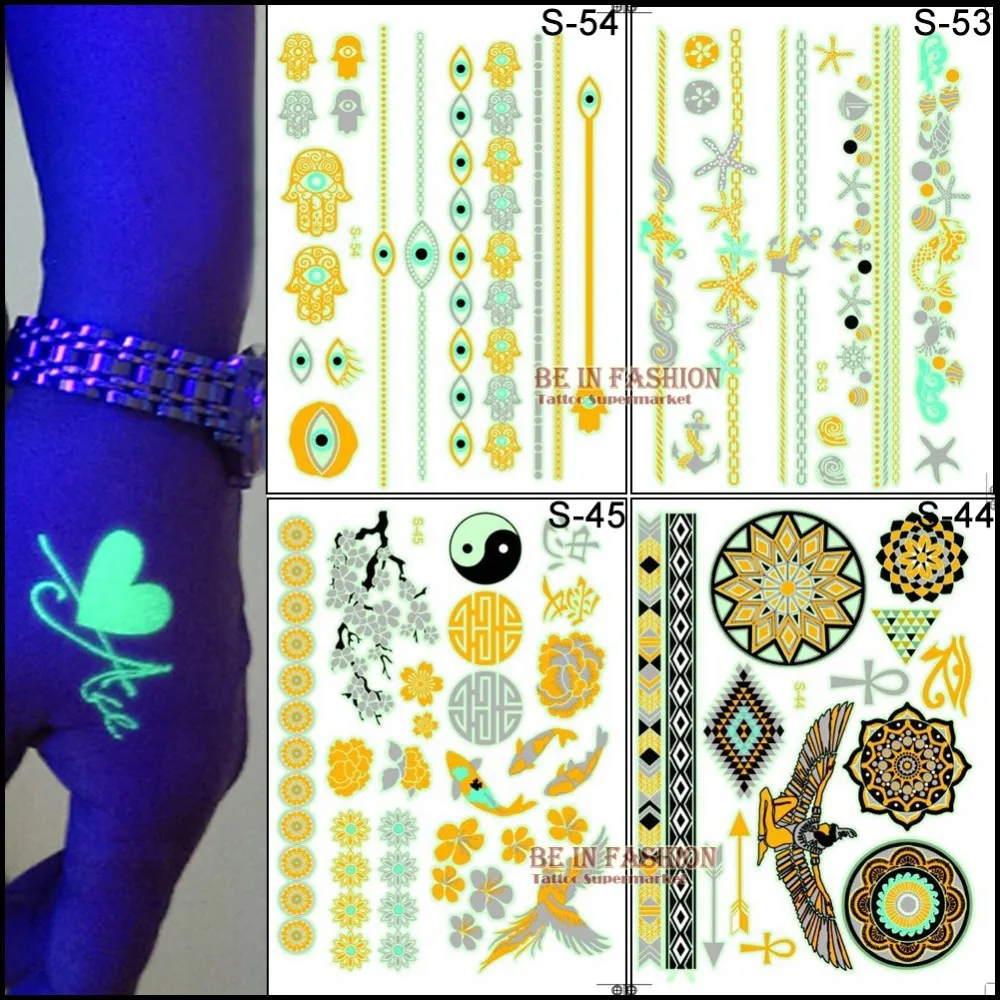 12 шт./лот светится в темноте светящаяся вспышка временная татуировка наклейки листы золотые металлические водонепроницаемые татуировки флуоресцентные татуировки