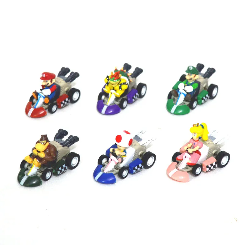 6pcs/set Super Mario Bros Figures Anime Luigi Dinosaurs Donkey Kong Bowser Kart Pull Back Car Hot Toys for Children