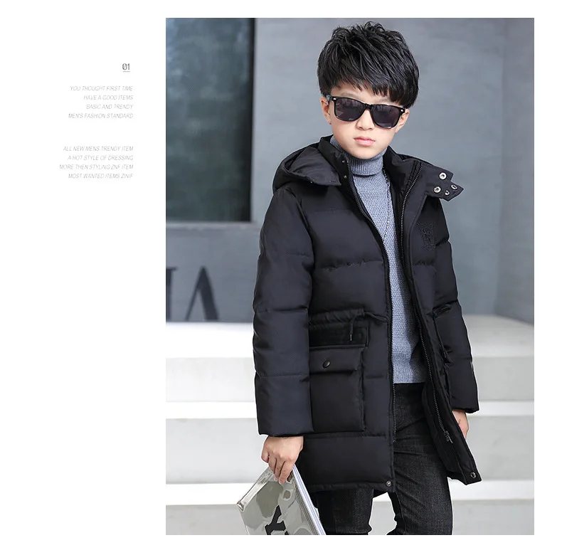 Г. Новая модная детская одежда длинная парка с капюшоном теплые зимние Пуховые хлопковые куртки для мальчиков, пальто утепленная верхняя одежда детская одежда - Цвет: Черный