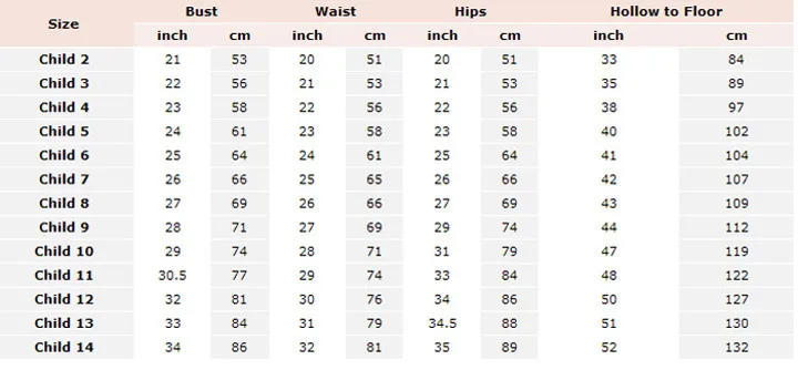 flower girl size chart