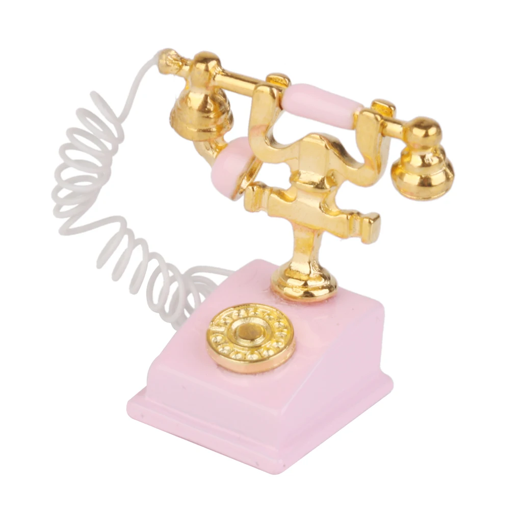 

1/12 Retro Phone Pink Vintage Desk Telephone Dollhouse Miniature Simulation Toy