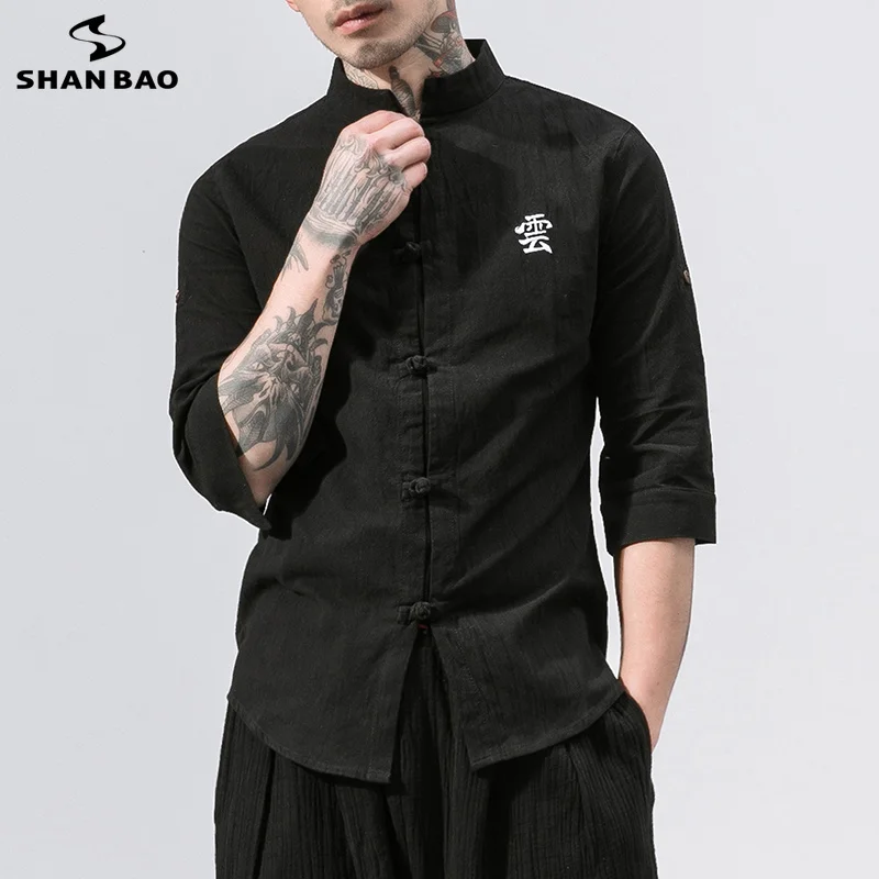 

SHANBAO brand original Chinese style embroidery button cotton and linen short-sleeved shirt 2019 summer new men's casual shirt