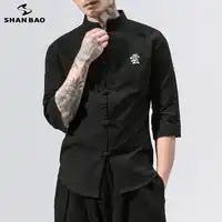 SHANBAO brand original Chinese style embroidery button cotton and linen short-sleeved shirt 2019 summer new men's casual shirt