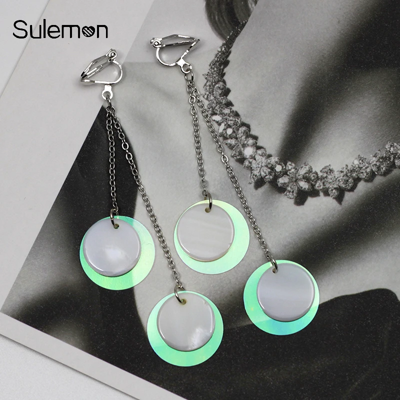 

Natural White Shell Earrings No Hole Ear Clips Colorful Plastics Sequins Clip Earrings Non Pierced Women Tassel Earring CE199