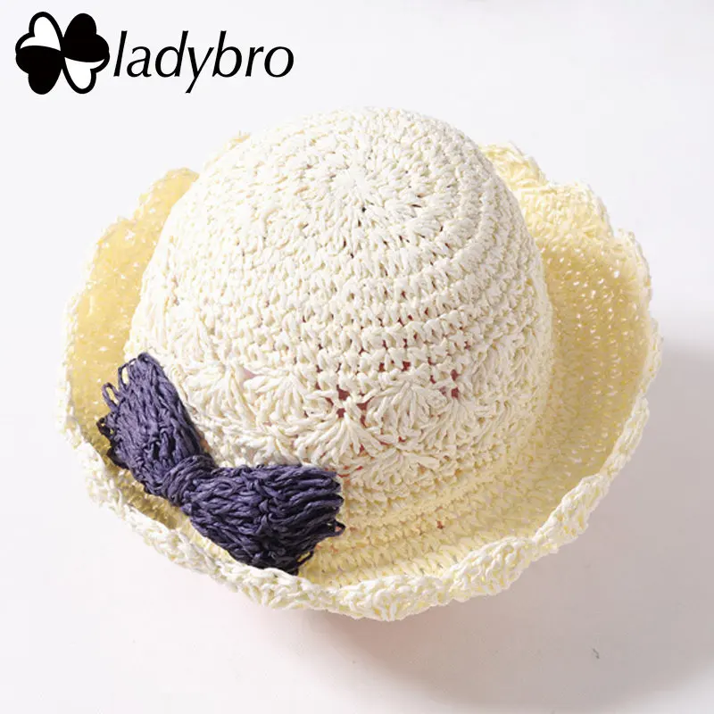 Ladybro детская соломенная шляпа летняя пляжная шляпа с бантом детская шапка ручной работы плетеная открытая дорожная Кепка Милая шапка для девочек - Цвет: 004 milky white