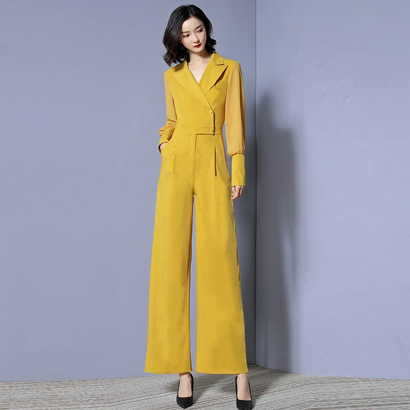 

Elegant Ladies Spring Autumn Solid Single Breasted Wide Leg Jumpsuit Best Quality Office Party Wear Stylish Women Clothing