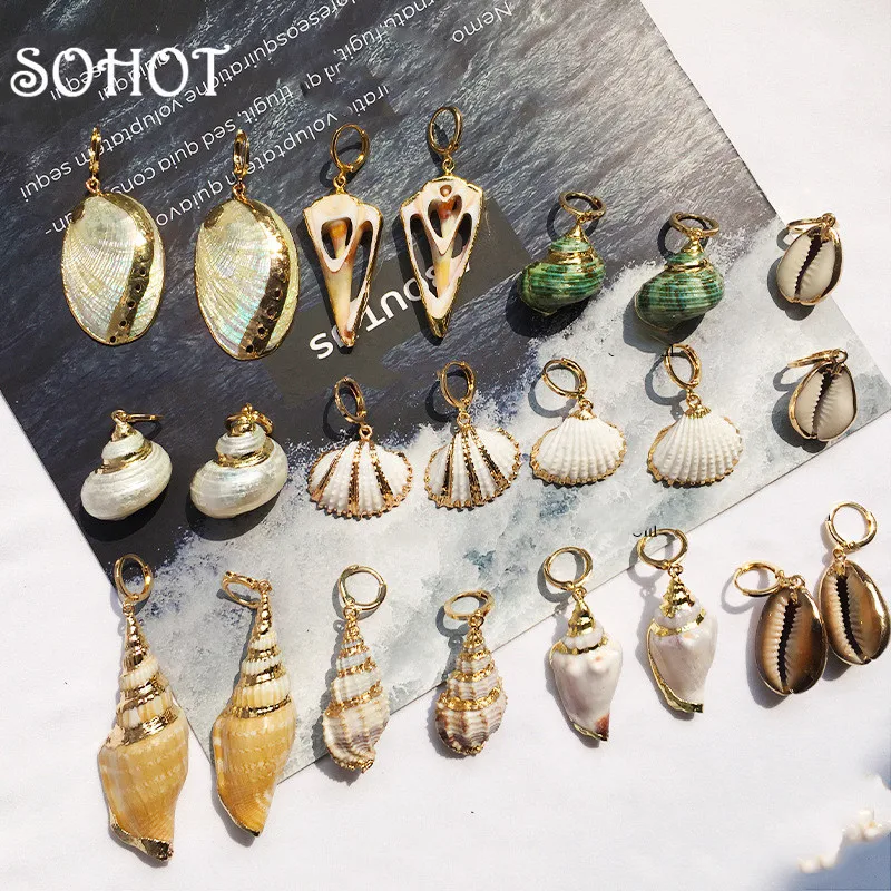 

SOHOTBOHO European Popular Natural Shell Conch Pendant Women Hoop Earrings Gold Color Alloy Charming Trendy Summer Brinco Bijoux