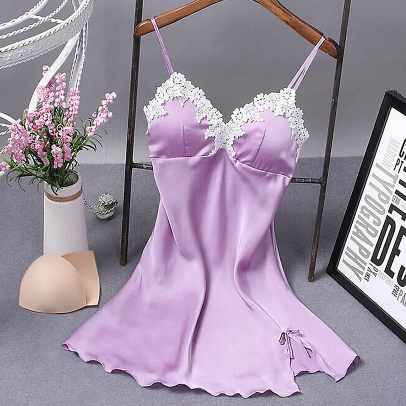 

AEOZRING Spring and summer gathered to show thin, sexy lace real silk suspenders nightgown pajamas with chest pads