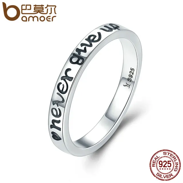 BAMOER Hot Sale 100% 925 Sterling Silver Never Give Up Letter Alphabet Ring Wome BAMOER Hot Sale 100% 925 Sterling Silver Never Give Up Letter Alphabet Ring Wome