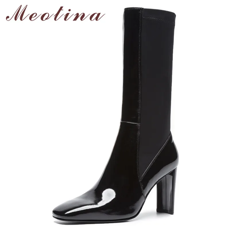 

Meotina Winter Mid-Calf Boots Women Natural Genuine Leather Thick High Heel Boots Stretch Square Toe Shoes Female Autumn Size 39