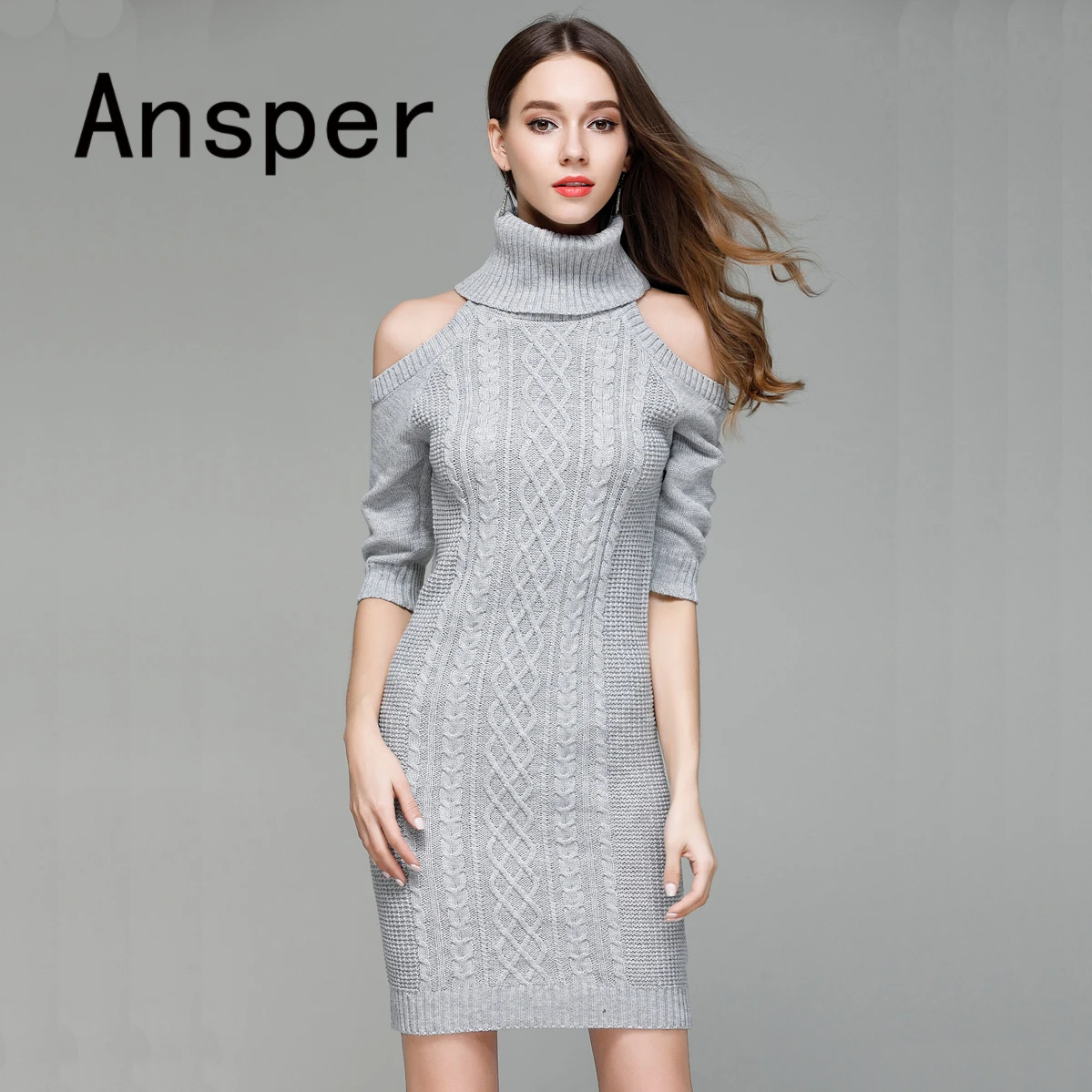 2018 Fall Winter Turtle Neck Off Shoulder Long Noodle Sweaters Dress