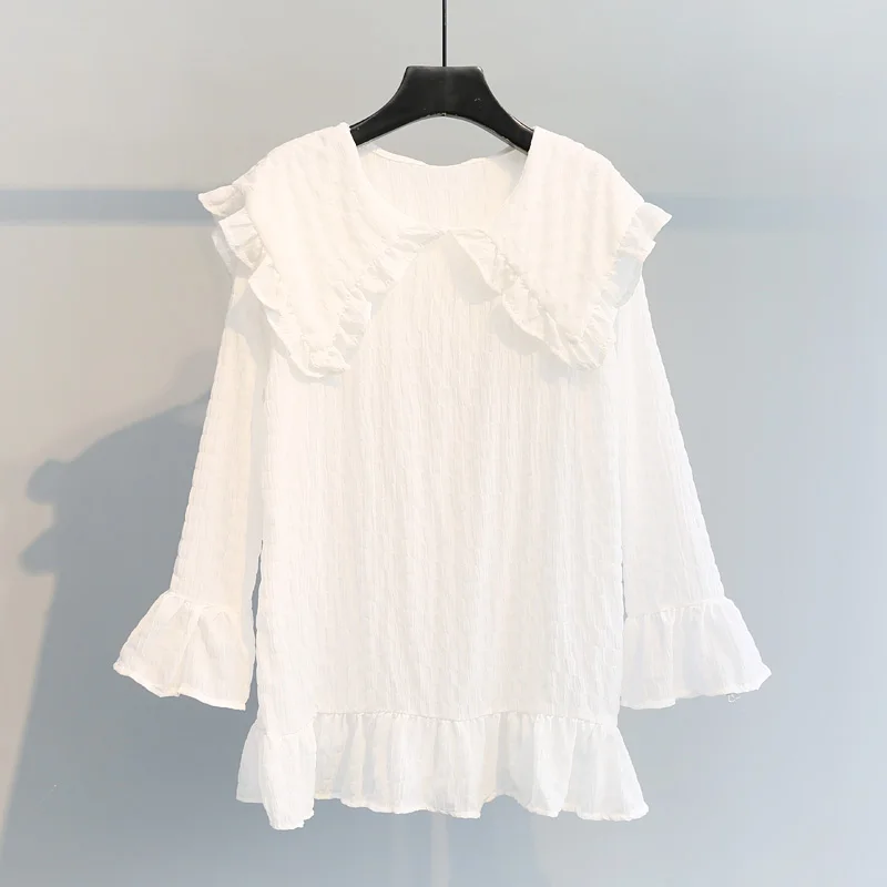 

Ruffles chiffon women blouse solid white loose lady elegant shirts fashion party all match outwear shirts tops