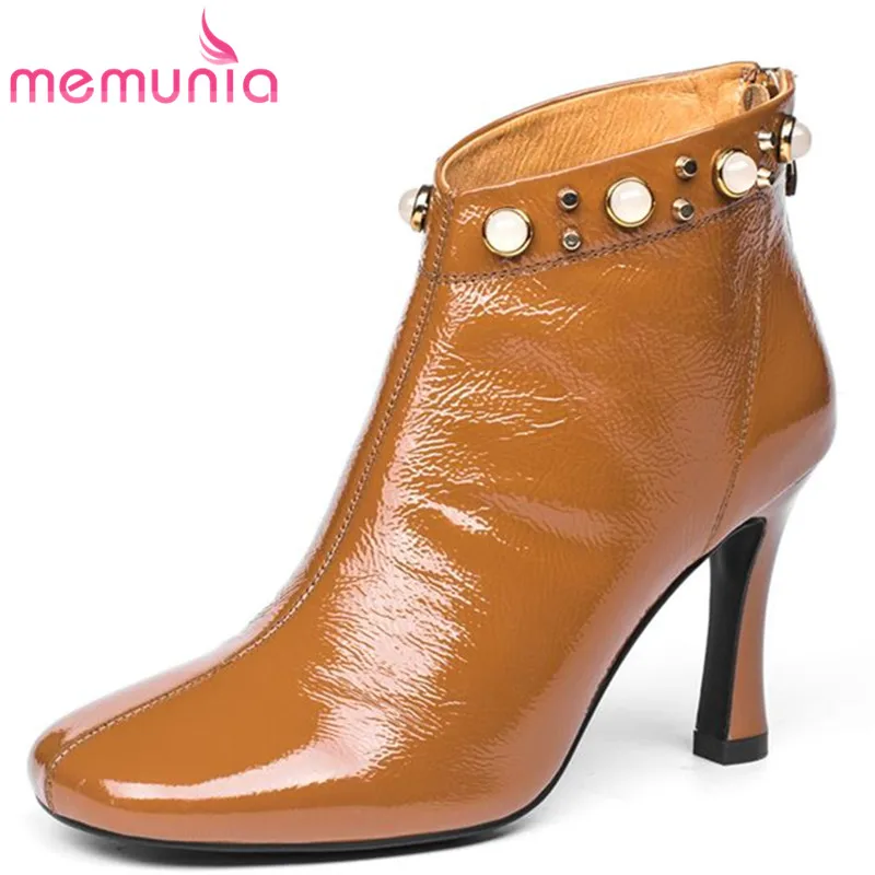 

MEMUNIA hot sale genuine leather boots for women slip on square toe autumn winter boots sexy high heels ankle boots women shoes