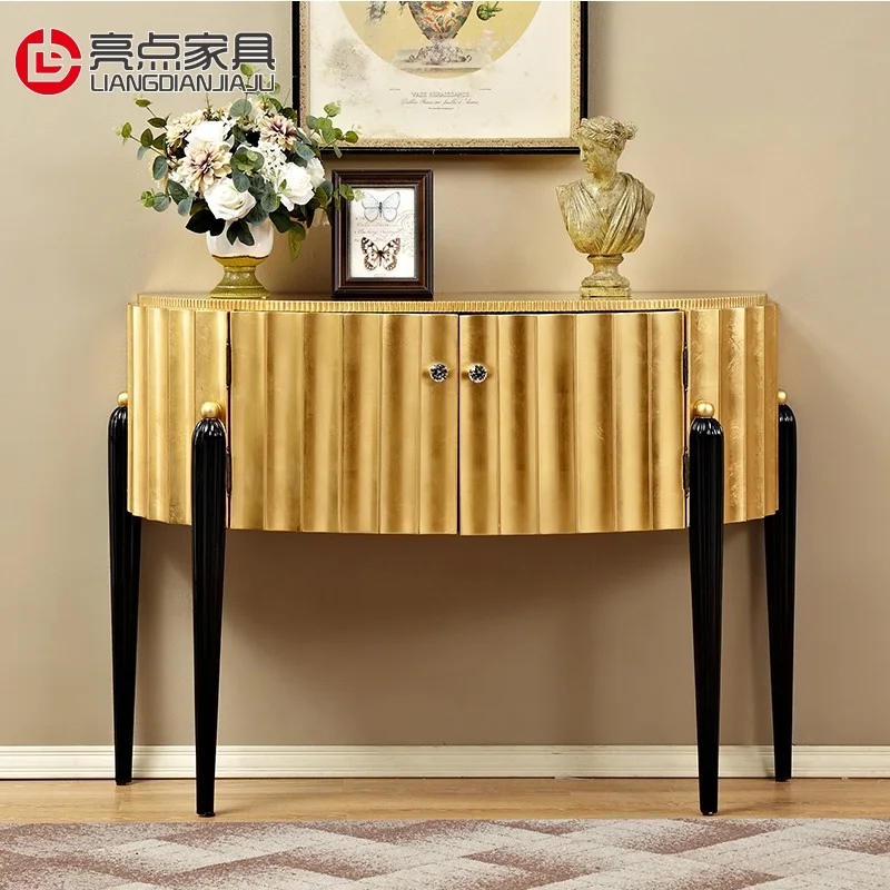 120 см позолоченный консольный стол/боковой шкаф с дверями и верхом из золотой фольги/ножки из твердой древесины