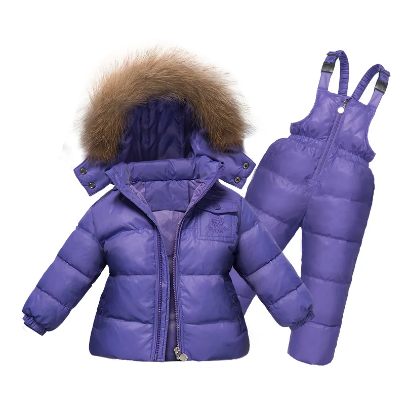 Российская зимняя одежда для девочек комплект 2 шт. Пух пальто+ комбинезон для девочек лыжные Костюмы теплая ветрозащитная верхняя одежда Куртки с шарфом и брюки для девочек от 2 до 5 лет - Цвет: purple