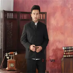 Лидер продаж Черный Для мужчин с длинными рукавами китайский Стиль шерстяная куртка Кунг-фу пальто однотонные Стиль Тан костюм Размеры