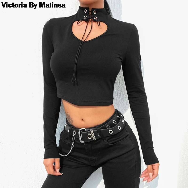 

Women Autumn Winter Tshirt Black Gothic Bandage T Shirt Sexy Hollow Long Sleeve Tee Shirt Femme Streetwear Skinny Turtleneck