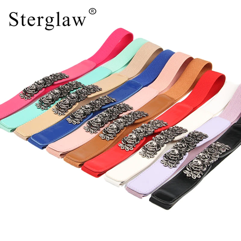 

66x2.5cm Vintage Black rose stretch wide belt women dress elastic Slimming Belt straps for coats ladies cummerbund cintos A117