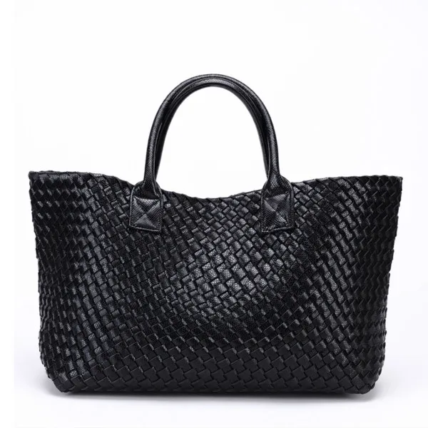 Модная плетеная кожаная сумка с принтом питона в европейском и американском стиле, Вместительная женская вязаная сумка, большая Повседневная Сумка-тоут - Цвет: Черный