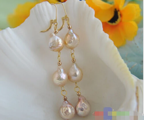

00 FREE SHIPPING d13MM PINK ALMOST ROUND KESHI REBORN PEARL DANGLE EARRING