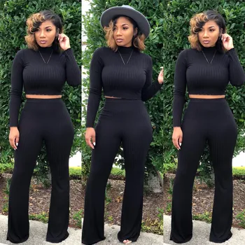 

New 2018 Autumn Winter Loose Two Piece Sets Short Women Fashion Turtleneck Top And High Waist Wide Leg Pants Sexy Suits