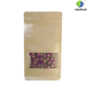 

10x20+6cm (4x7.75+2.25") zip lock tea brown kraft paper packing bag Side Gusset Flat Bottom Pouch with clear window