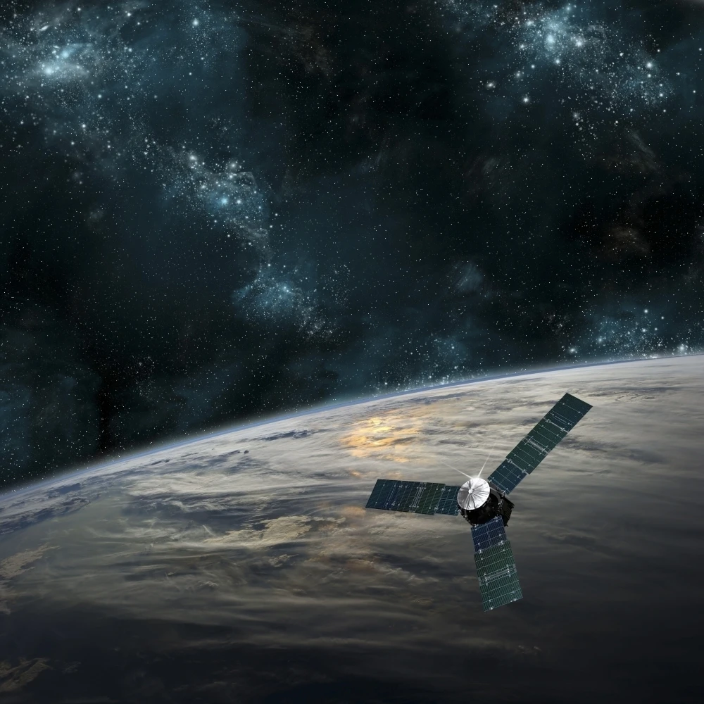 A space probe investigates a cloud covered planet in outer space Poster Print (14 x 14)